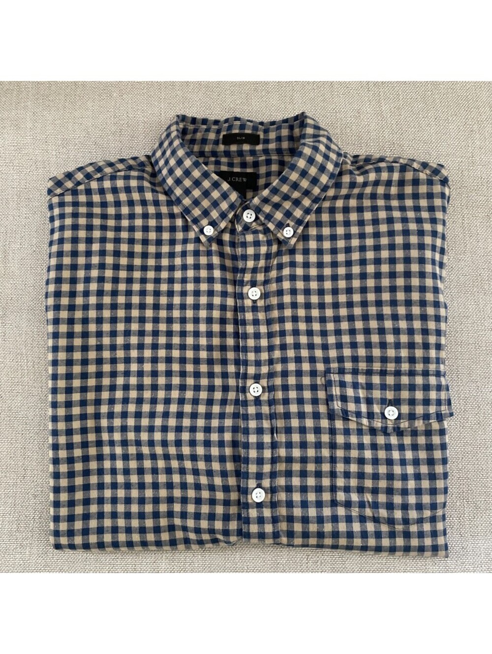 J. CREW FLANNEL Check Button Down Sport Shirt Blue Beige L